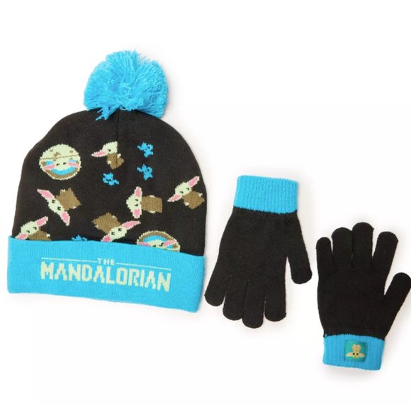 Disney | Star Wars | The Mandalorian Black & Blue Grogu Pom-Pom Beanie & Gloves - Picture 1 of 1